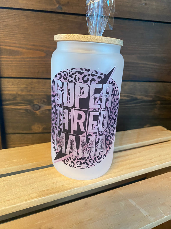 Super tired mama cheetah print lightning-can style glass drinkware