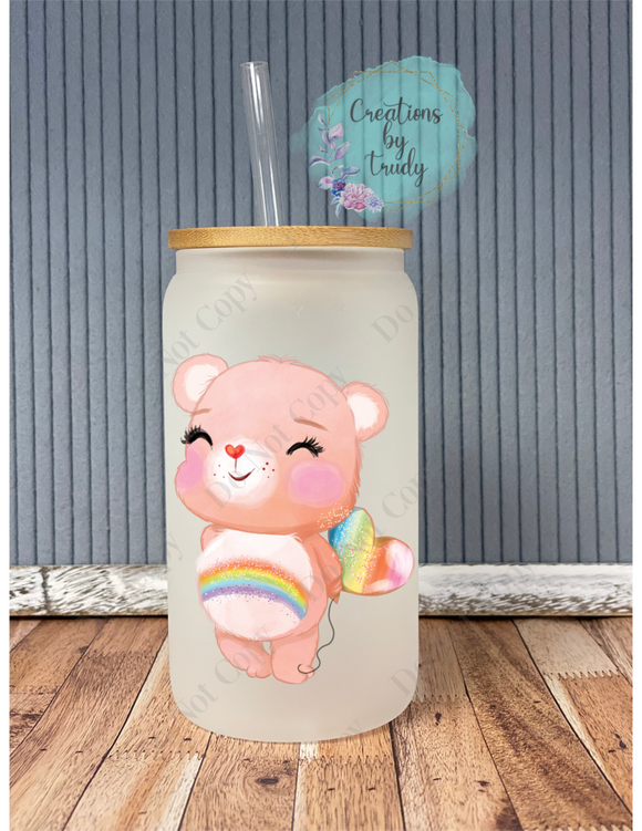 Rainbow bear frosted glass drinkware