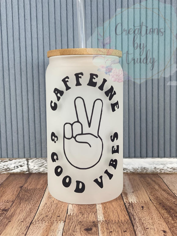 Caffeine and good vibes- can style glass drinkware
