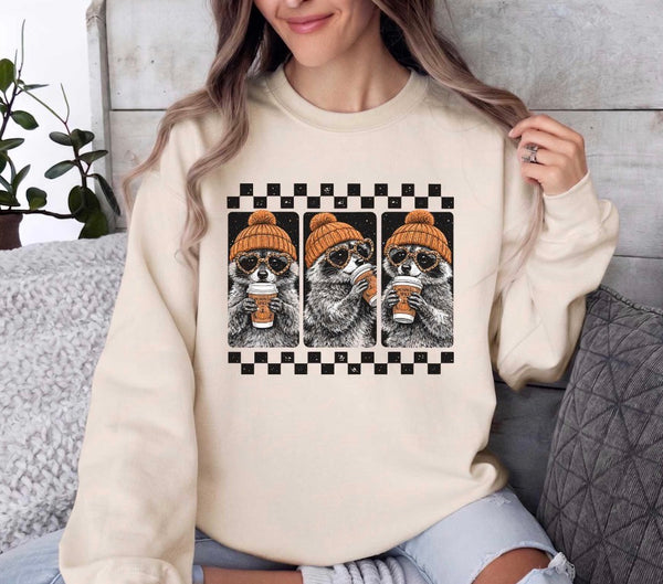 Fall raccoon coffee- sweatshirt