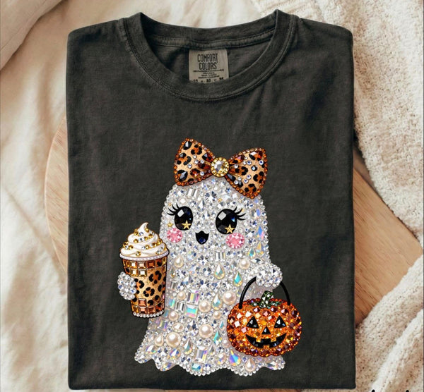 Faux glitter ghost with coffee- Shirt