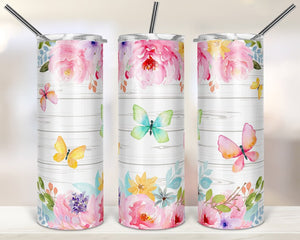 Butterfly floral wood grain tumbler- 20oz stainless steel sublimated Tumbler