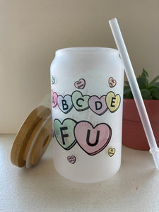 A B C D E FU candy hearts frosted glass drinkware