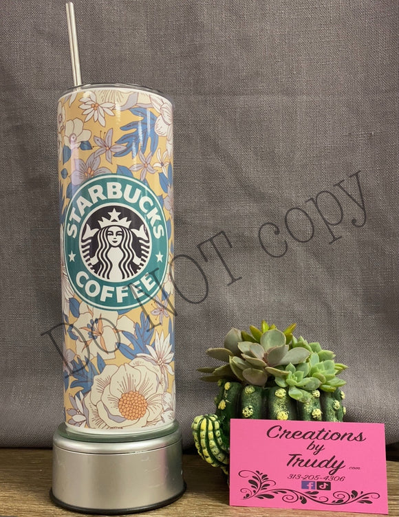 Floral Starbucks yellow and blue- 20oz stainless steel Tumbler