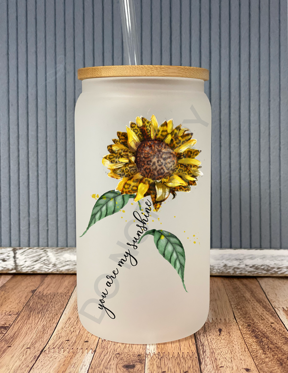 Sunflower; you are my sunshine- frosted beer can glass with bamboo lid