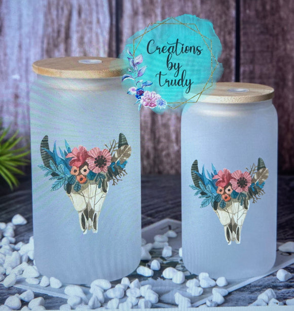 Boho floral skull- can style glass drinkware