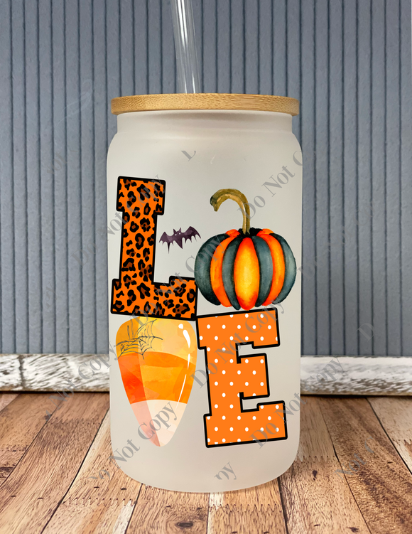 LOVE fall Halloween candy corn pumpkin- beer can frosted glass drinkware