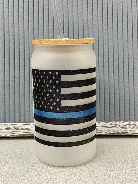 Blue line flag- can style glass drinkware